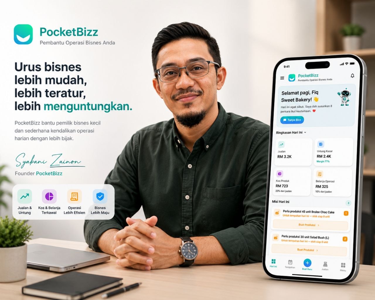 Syabani Zainon, founder PocketBizz, duduk di meja kerja dengan skrin PocketBizz menunjukkan ringkasan jualan, untung kasar dan misi produksi hari ini.