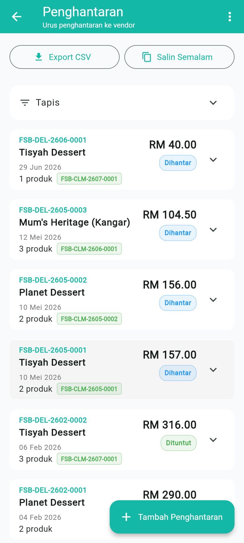 PocketBizz Penghantaran - rekod setiap penghantaran ke vendor dengan jumlah, tarikh dan status (Dihantar / Dituntut), sedia untuk semakan dan claim.
