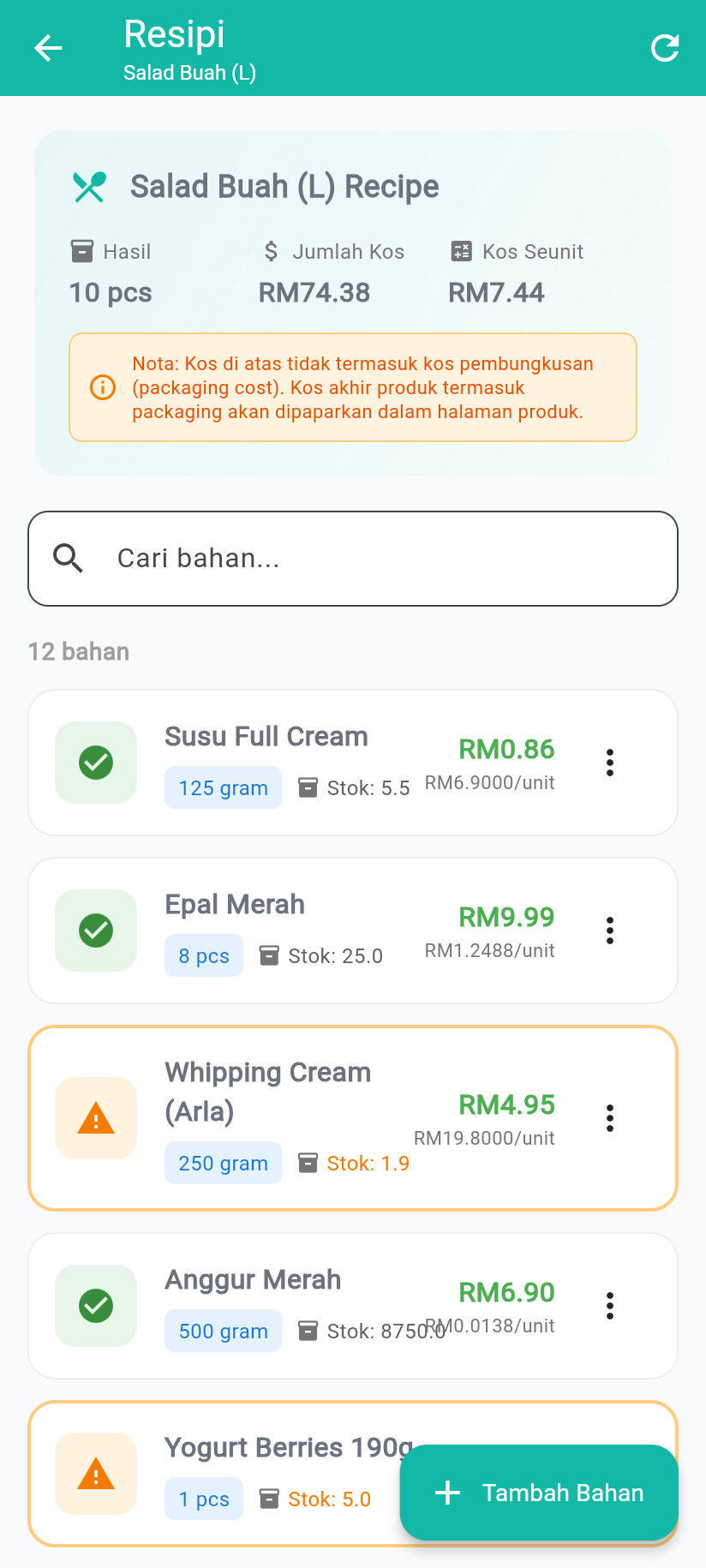PocketBizz Resipi - kos produk dikira automatik dari bahan resepi: jumlah kos dan kos seunit terus terpapar dengan senarai setiap bahan dan harganya, jadi anda tahu kos sebenar sebelum tetapkan harga.