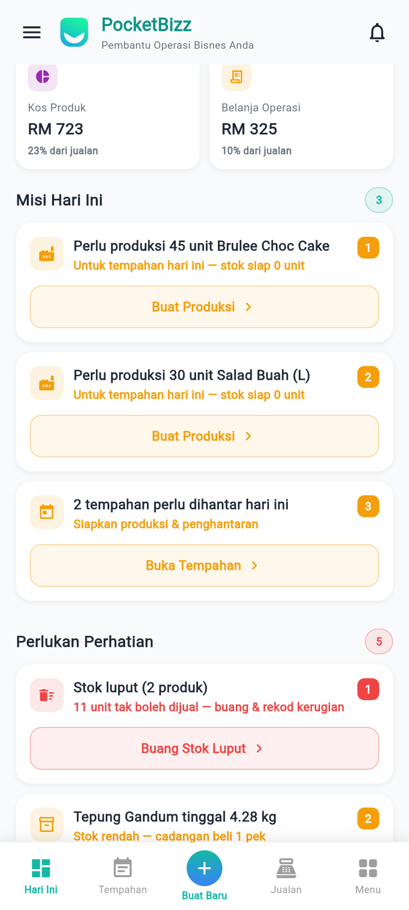 Senarai Perlukan Perhatian dalam PocketBizz - amaran stok luput, produk hampir luput dan stok rendah, setiap satu dengan butang tindakan.