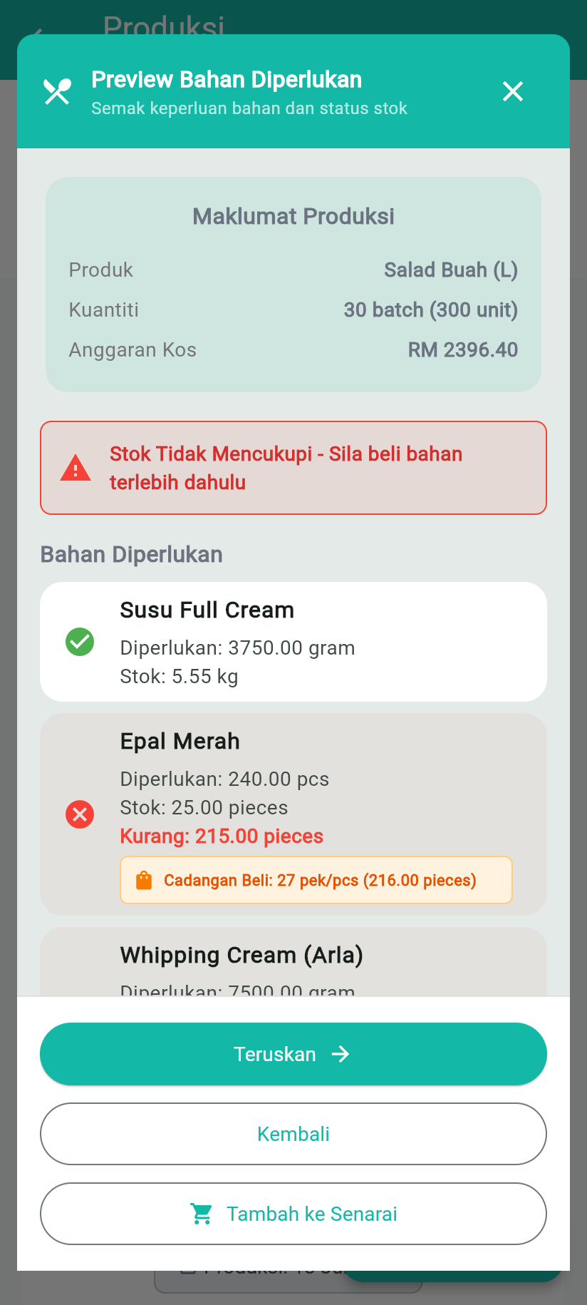 PocketBizz Preview Bahan Diperlukan - masukkan kuantiti, sistem kira bahan mentah automatik, tunjuk stok cukup atau tidak, dan cadang bahan yang perlu dibeli.