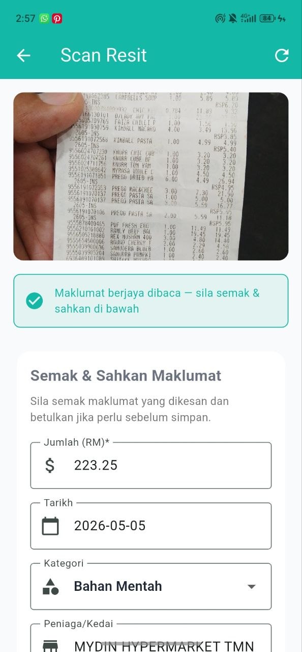 PocketBizz Scan Resit - hasil selepas imbas: maklumat berjaya dibaca, jumlah RM223.25, tarikh, kategori Bahan Mentah dan nama kedai (Mydin) diisi automatik untuk disemak.