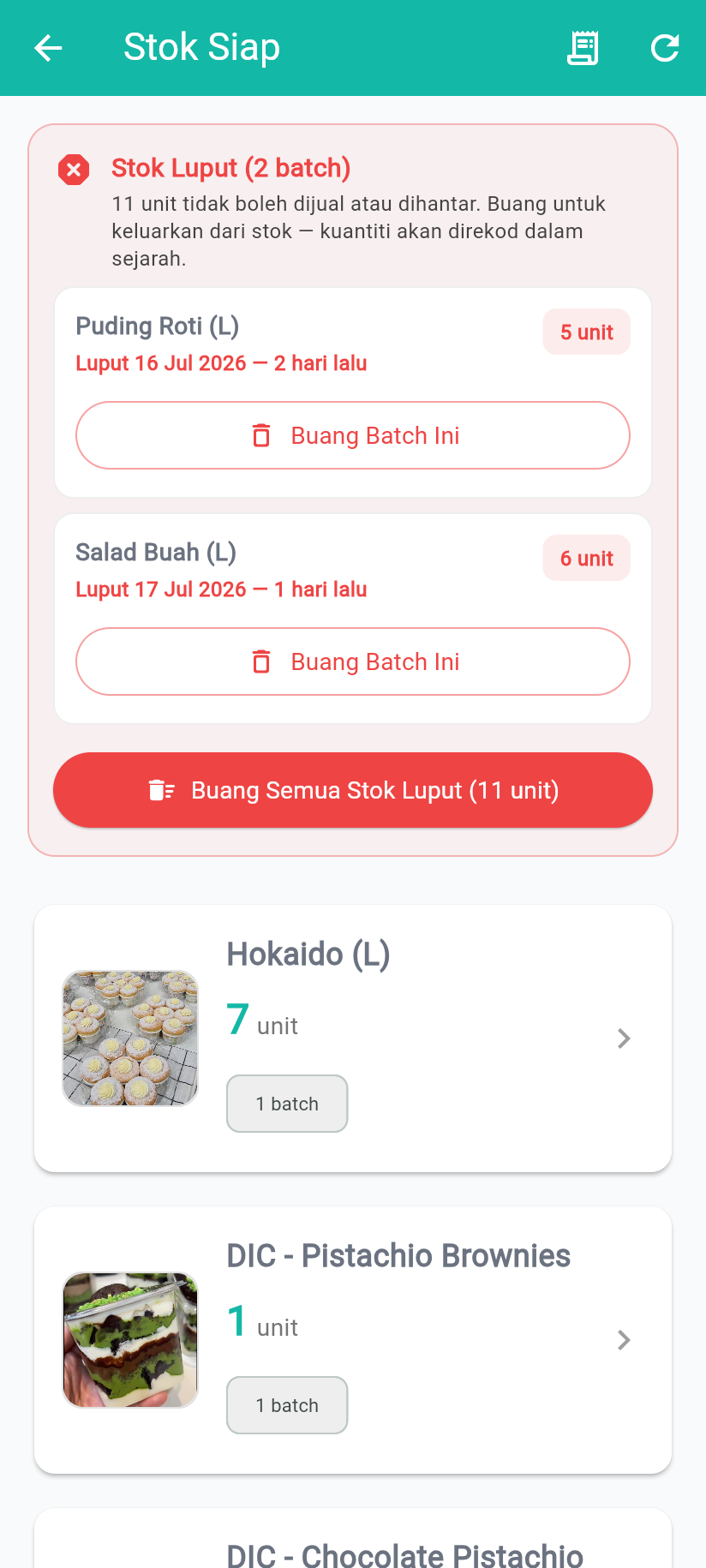 Stok Siap dalam PocketBizz - stok luput dipaparkan berasingan dengan butang Buang, dan tidak lagi dikira sebagai stok yang boleh dijual.