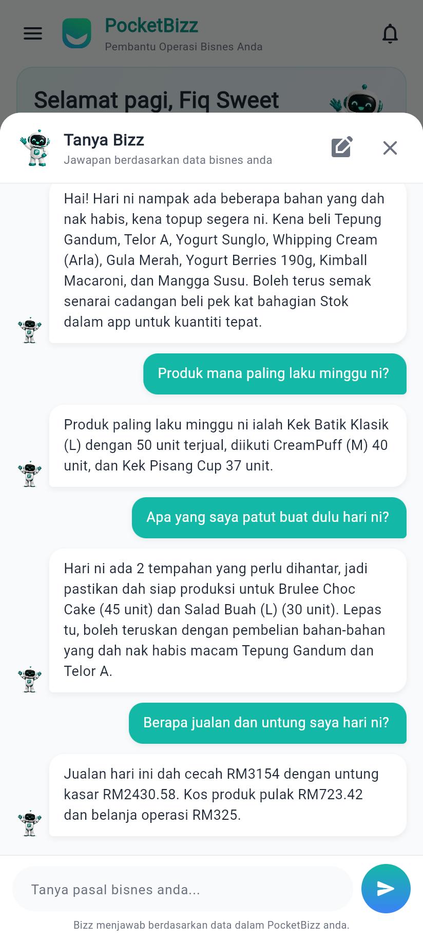 Tanya Bizz menjawab 'Apa saya patut buat dulu hari ini?' dengan menyebut produk dan pelanggan sebenar dari data bisnes anda.