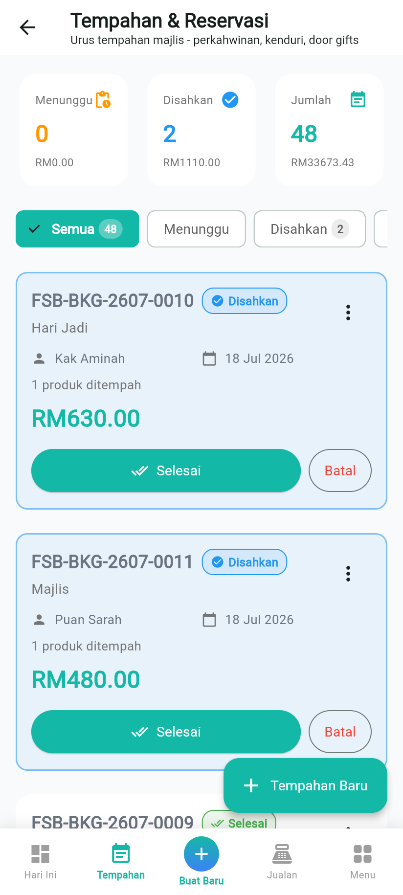 PocketBizz Tempahan & Reservasi - urus tempahan majlis (hari jadi, kenduri, door gifts) dengan status, pelanggan, tarikh dan jumlah; setiap tempahan link terus dengan produk.